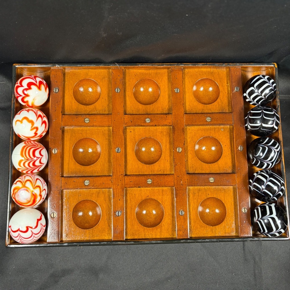 Wood Tic-Tac-Toe Board Game Set Large Hand Blown Swirl Glass Marbles 12"